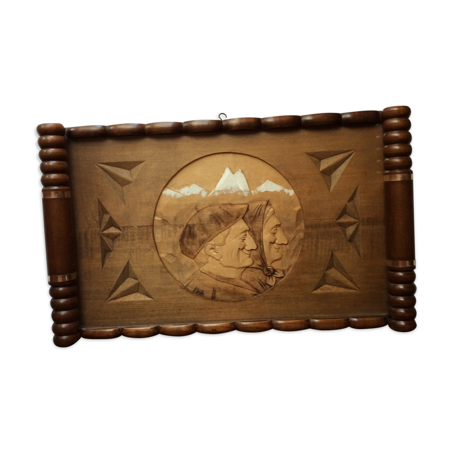 Old carved solid wood top, with glass plate - 50s