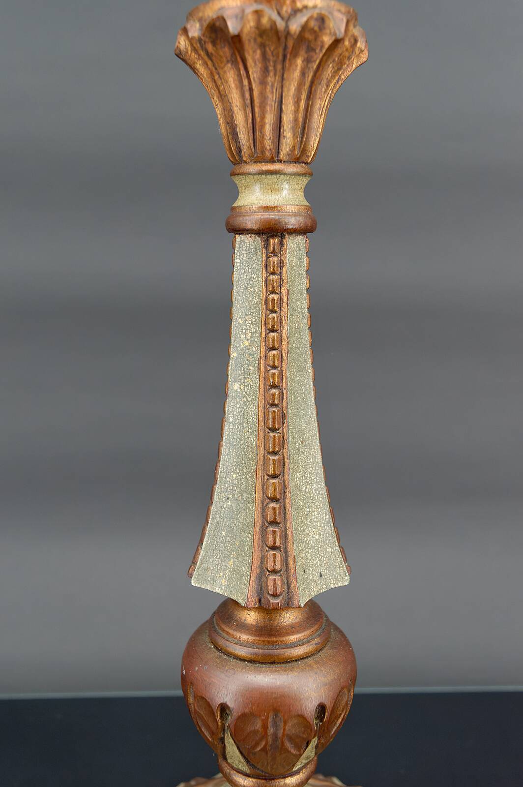 Art Deco lamp in green painted wood and copper patina, France, Circa 1920