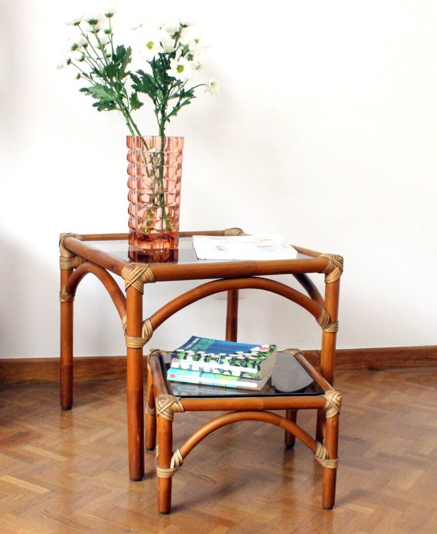 Rattan and smoked glass coffee table set