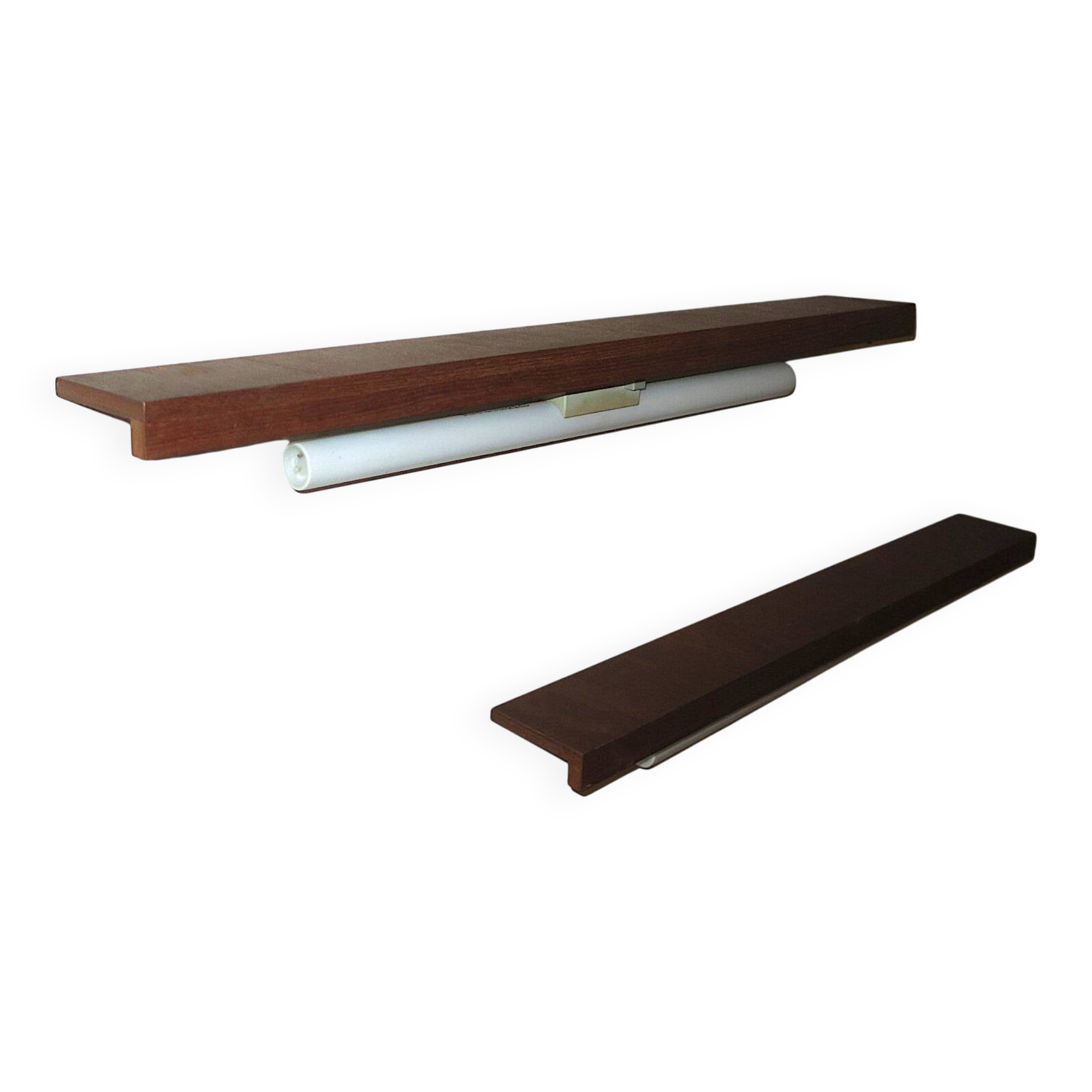 Pairb of Danish teak shelves with wall lights, 1960s