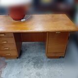 Old vintage wooden desk 1950 with curtain file cabinet and storage shelf