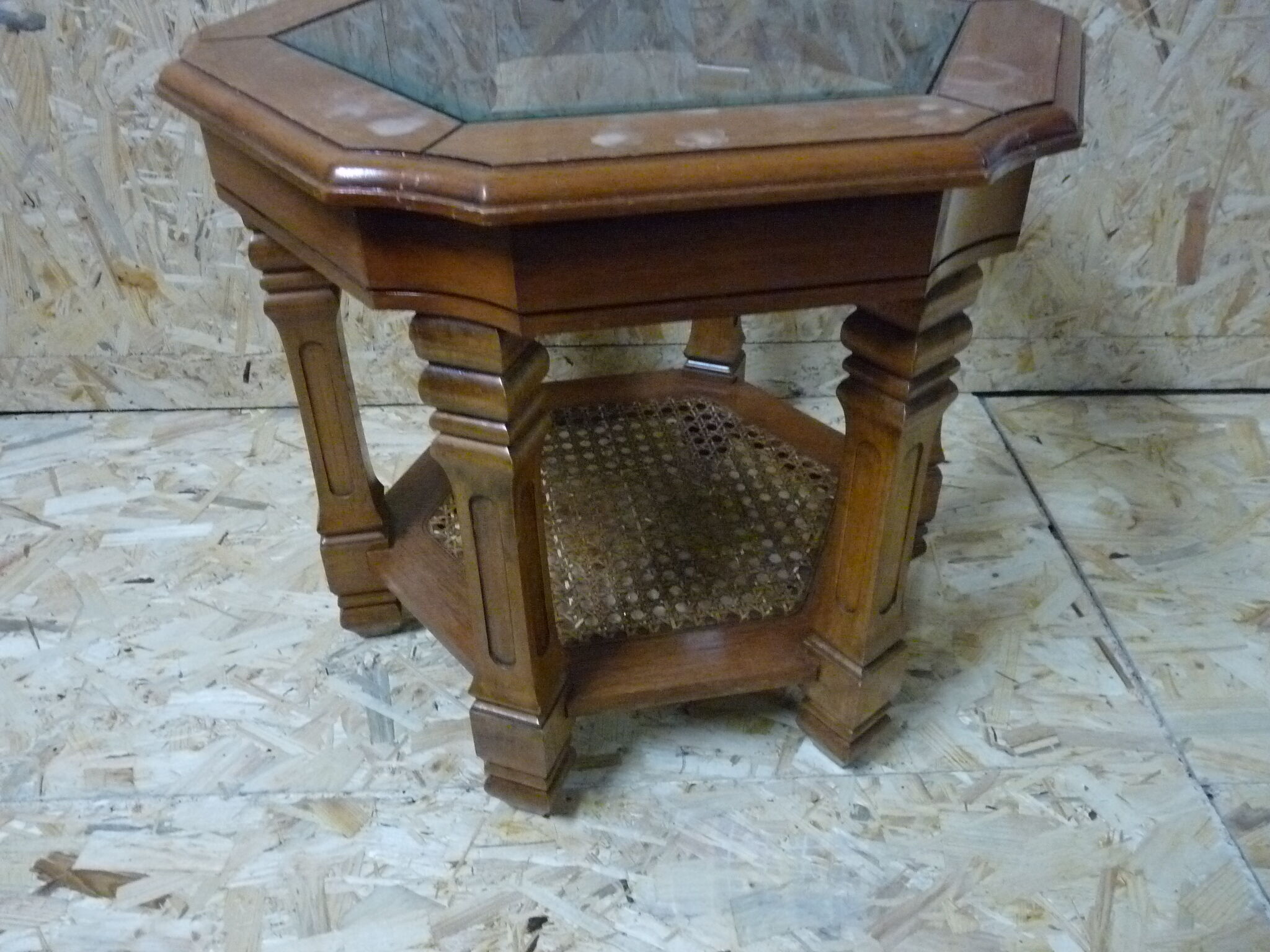Hexagonal glass wood coffee table