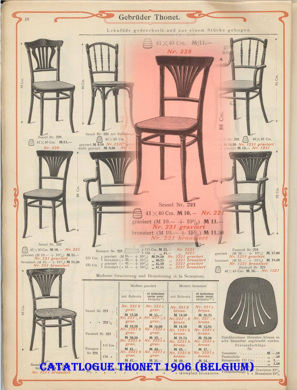 2 Thonet N°221 chairs, caned Art Nouveau bronze decor