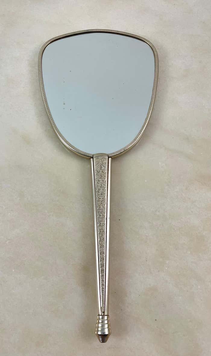 Toiletry set - metal and silk brush and hand mirror England from the 50s