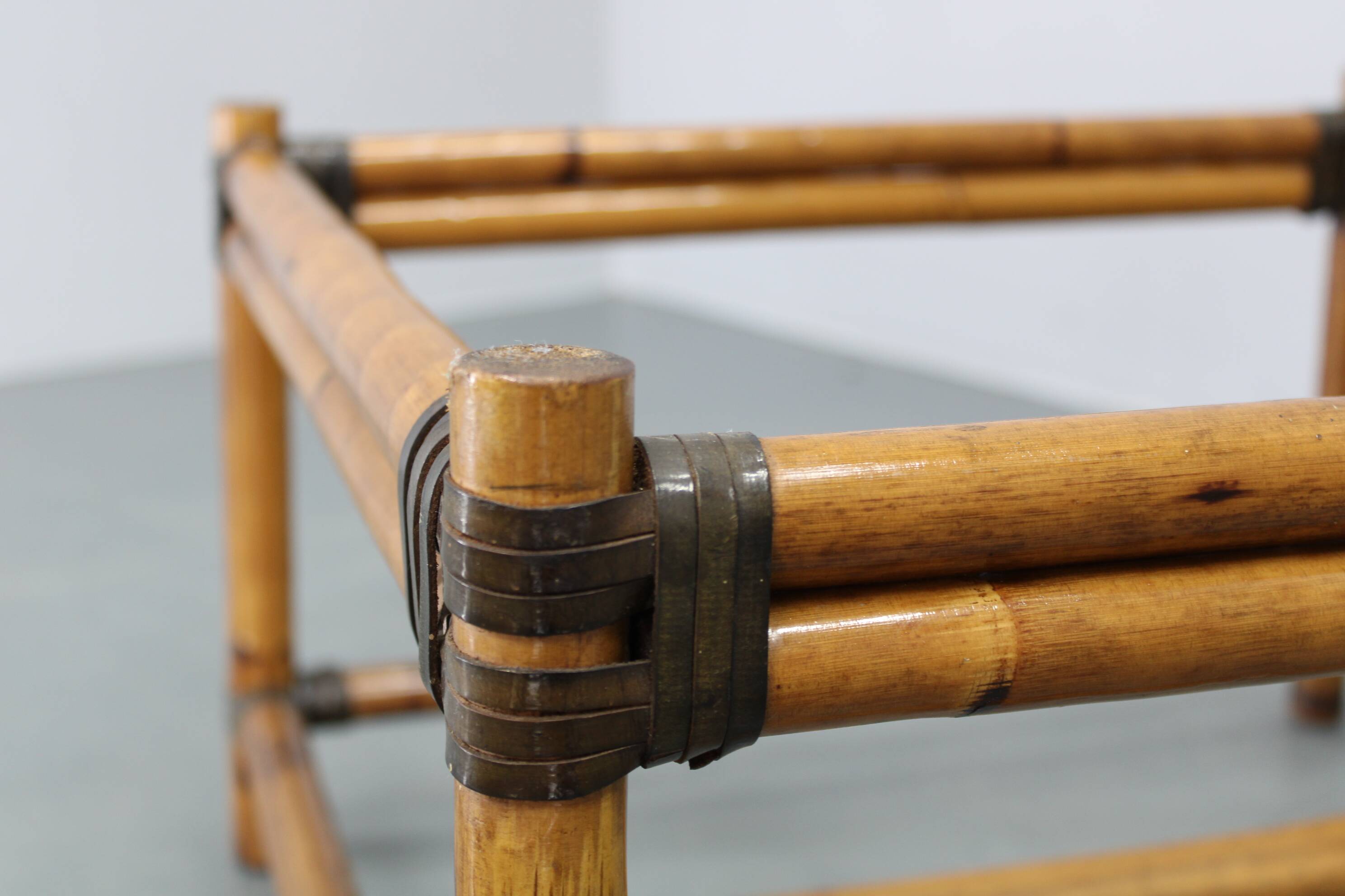 Vintage bamboo coffee table with smoked glass top