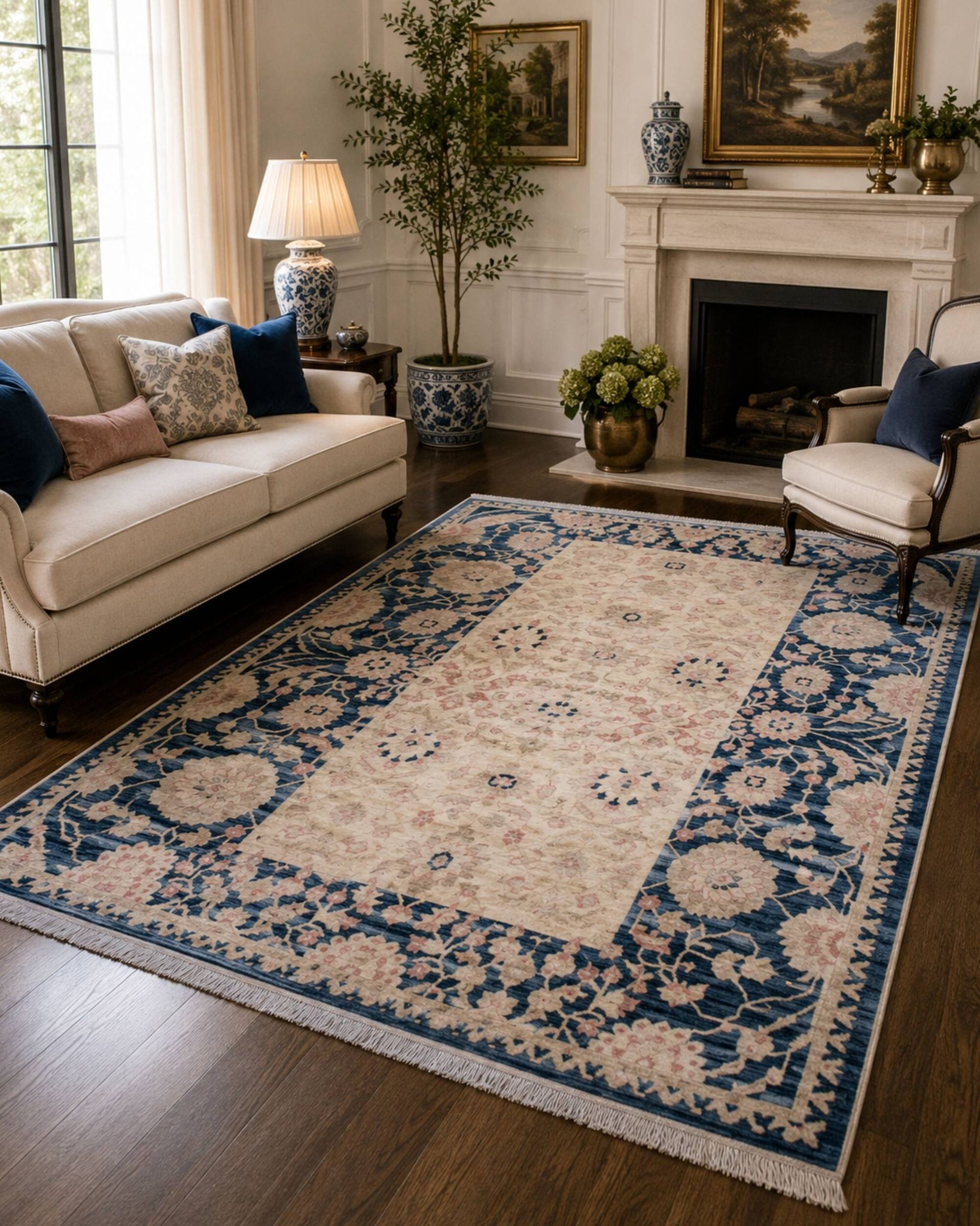 Tapis en laine crème floral Zeigler à nouer à la main, bleu clair, pour intérieur.