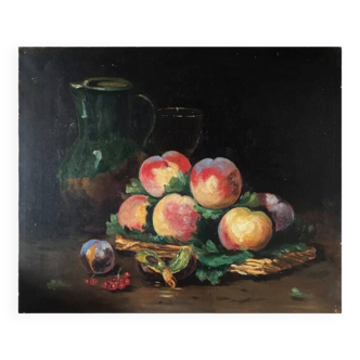 HST Painting (19th century) "Still life with peaches and pitcher"