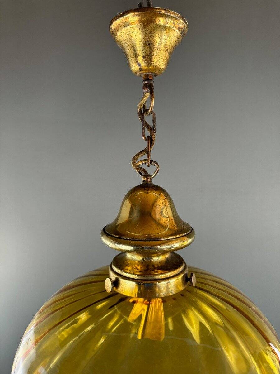 Pair of vintage amber blown glass lantern pendant lights, 20th century