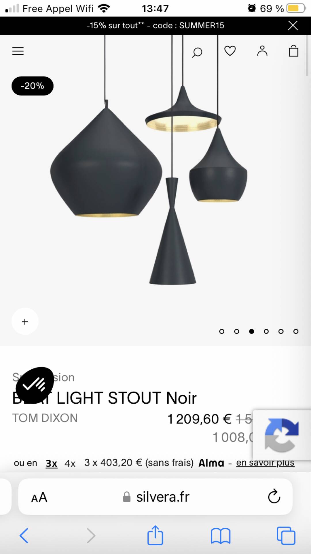 Suspension Beat light stout noir design Tom Dixon in excellent condition.