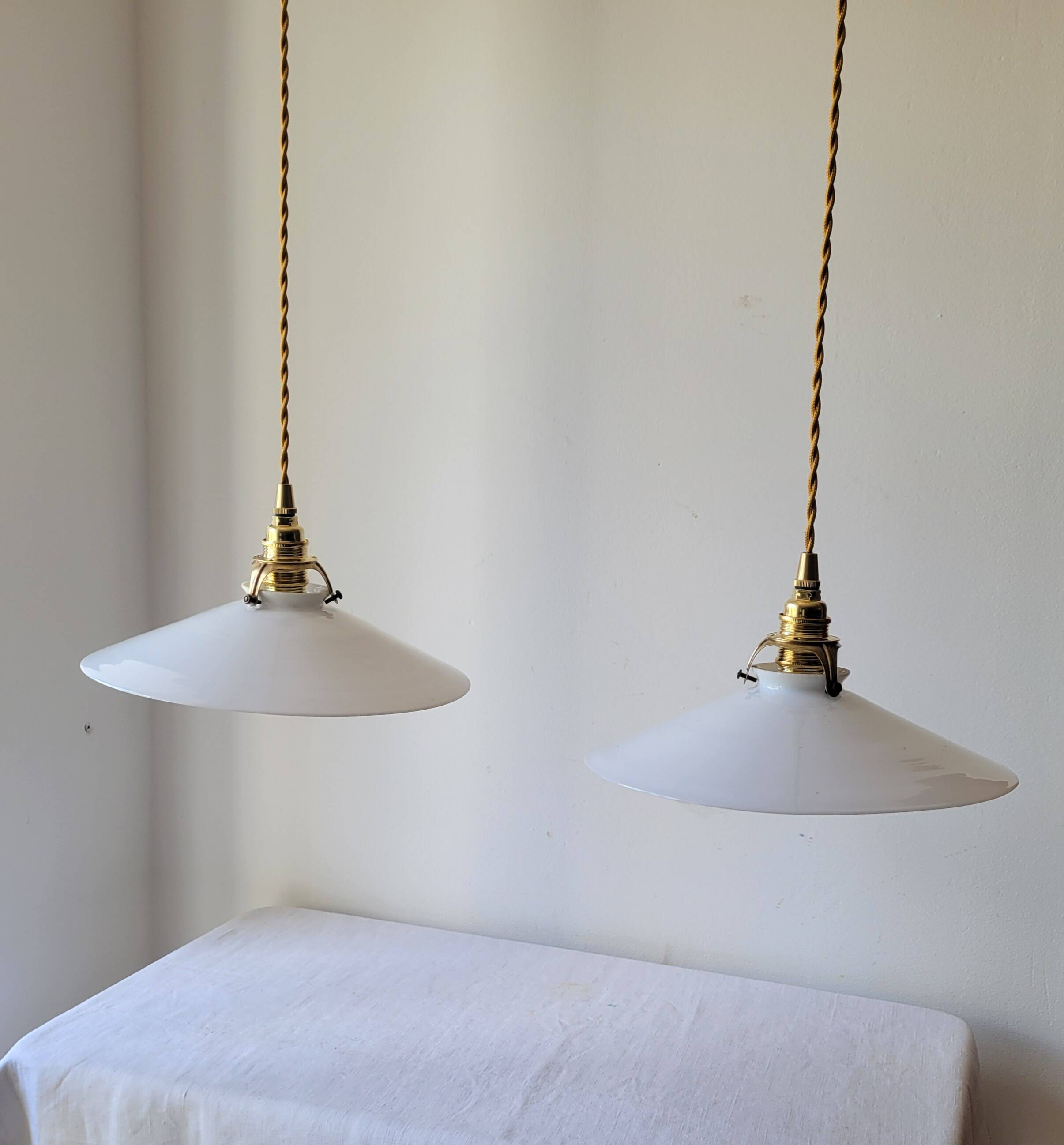 Duo of white opaline pendant lights