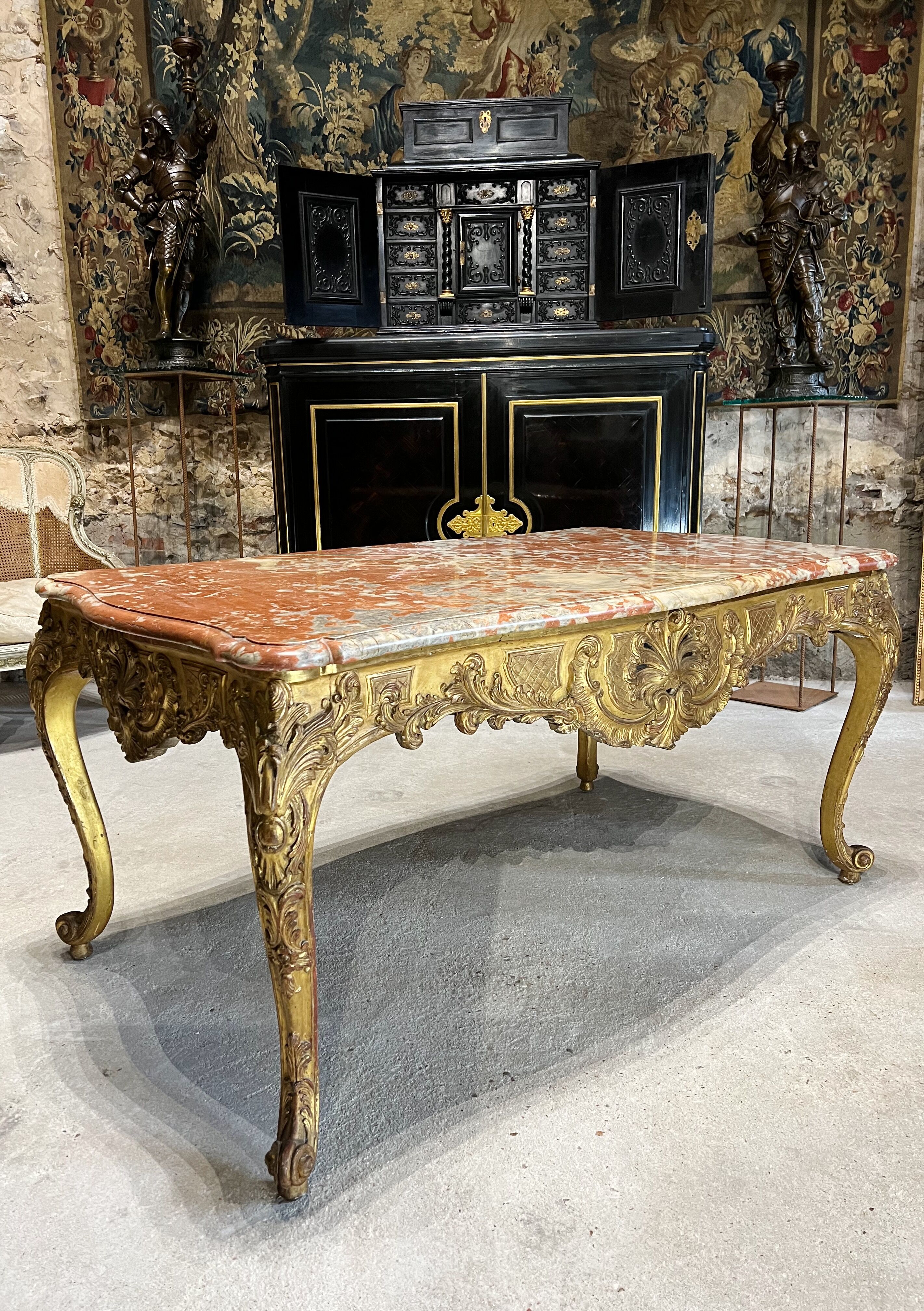 Middle table in gilded wood from the napoleon iii period red marble top