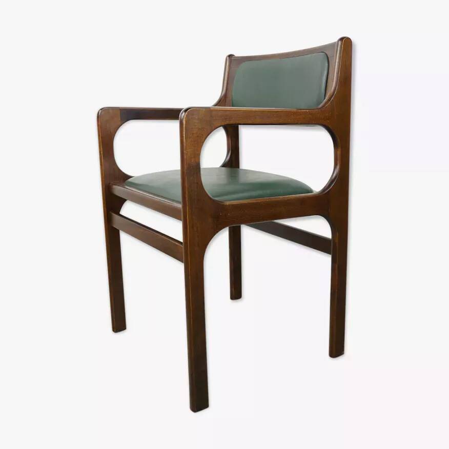 60s armchair in wood and dark green imitation leather