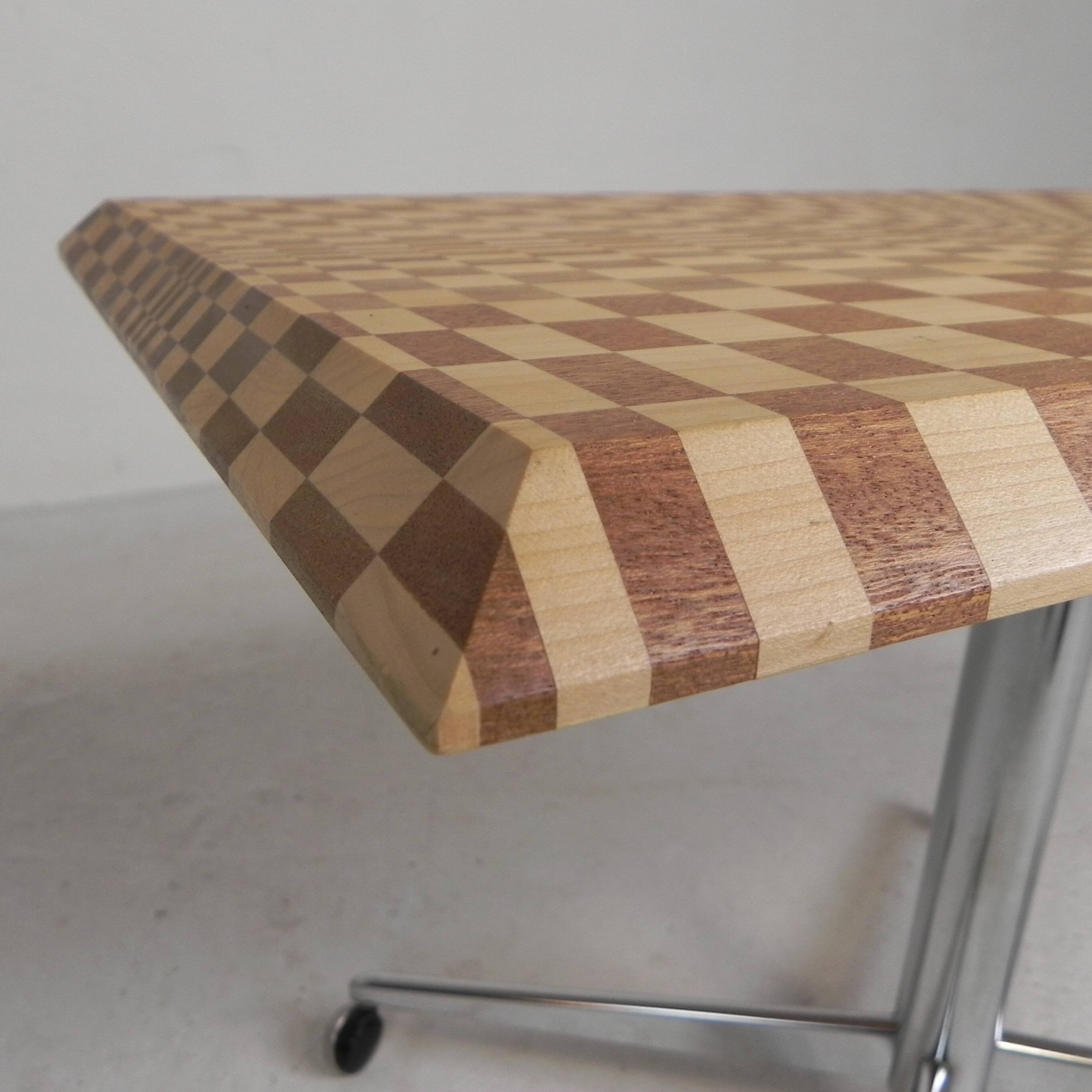 Coffee table made from hundreds of wooden blocks in a psychedelic pattern, 1990s.