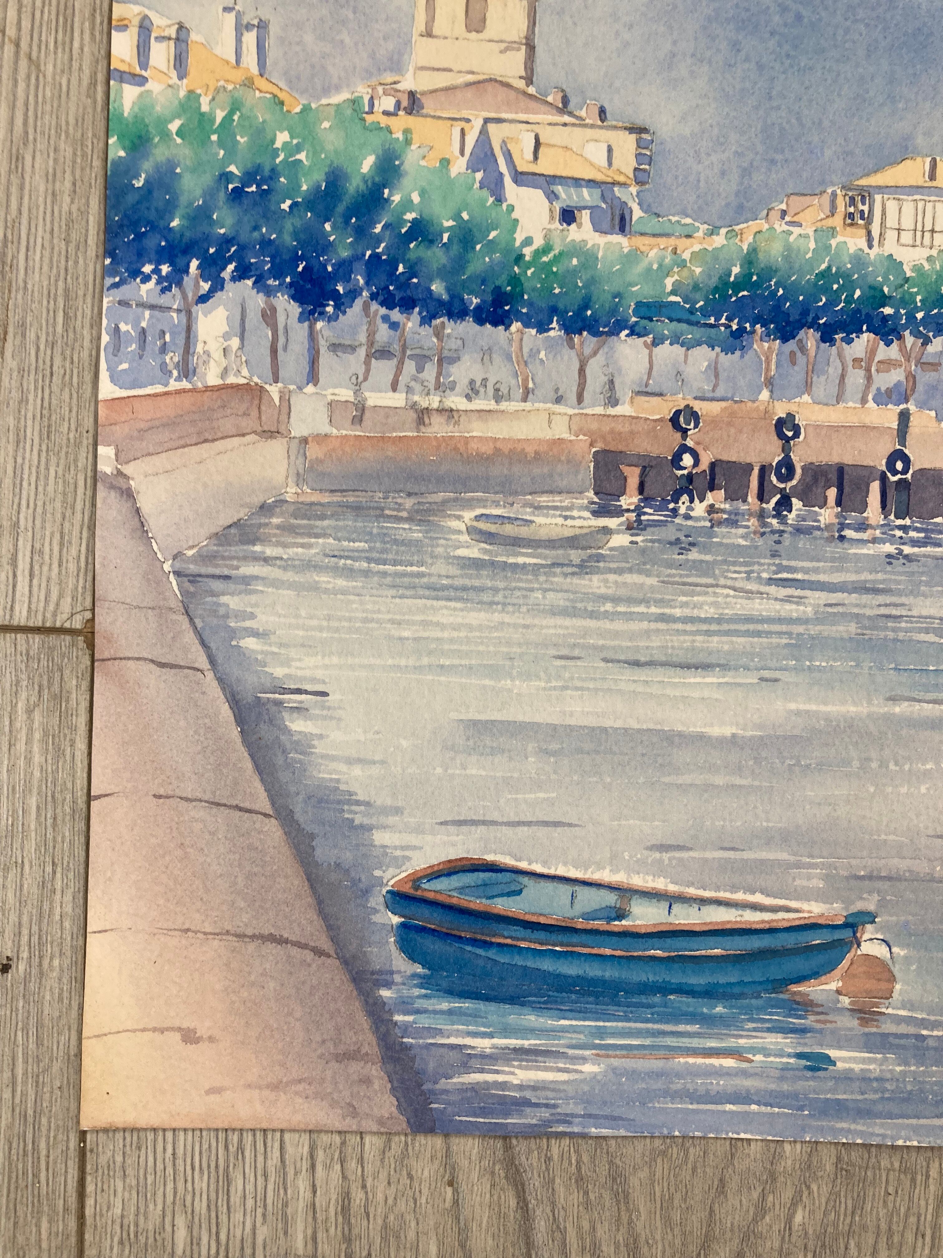 Aquarelle Marine Vintage Port de Saint-Jean-de-Luz