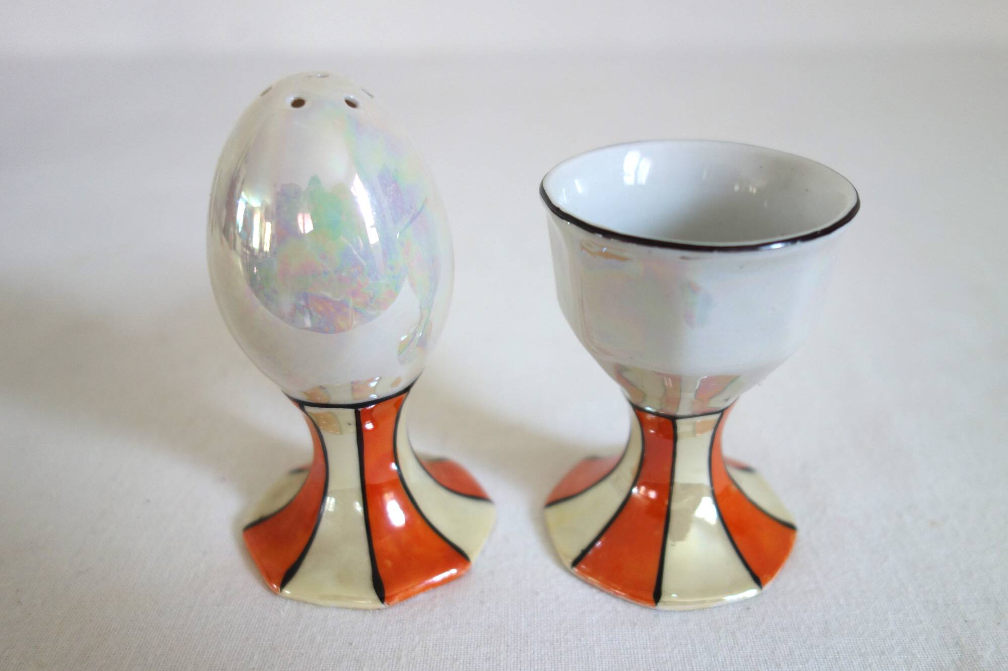 Vintage iridescent set of 6 egg cups, salt shaker, tray and pitchers