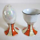 Vintage iridescent set of 6 egg cups, salt shaker, tray and pitchers