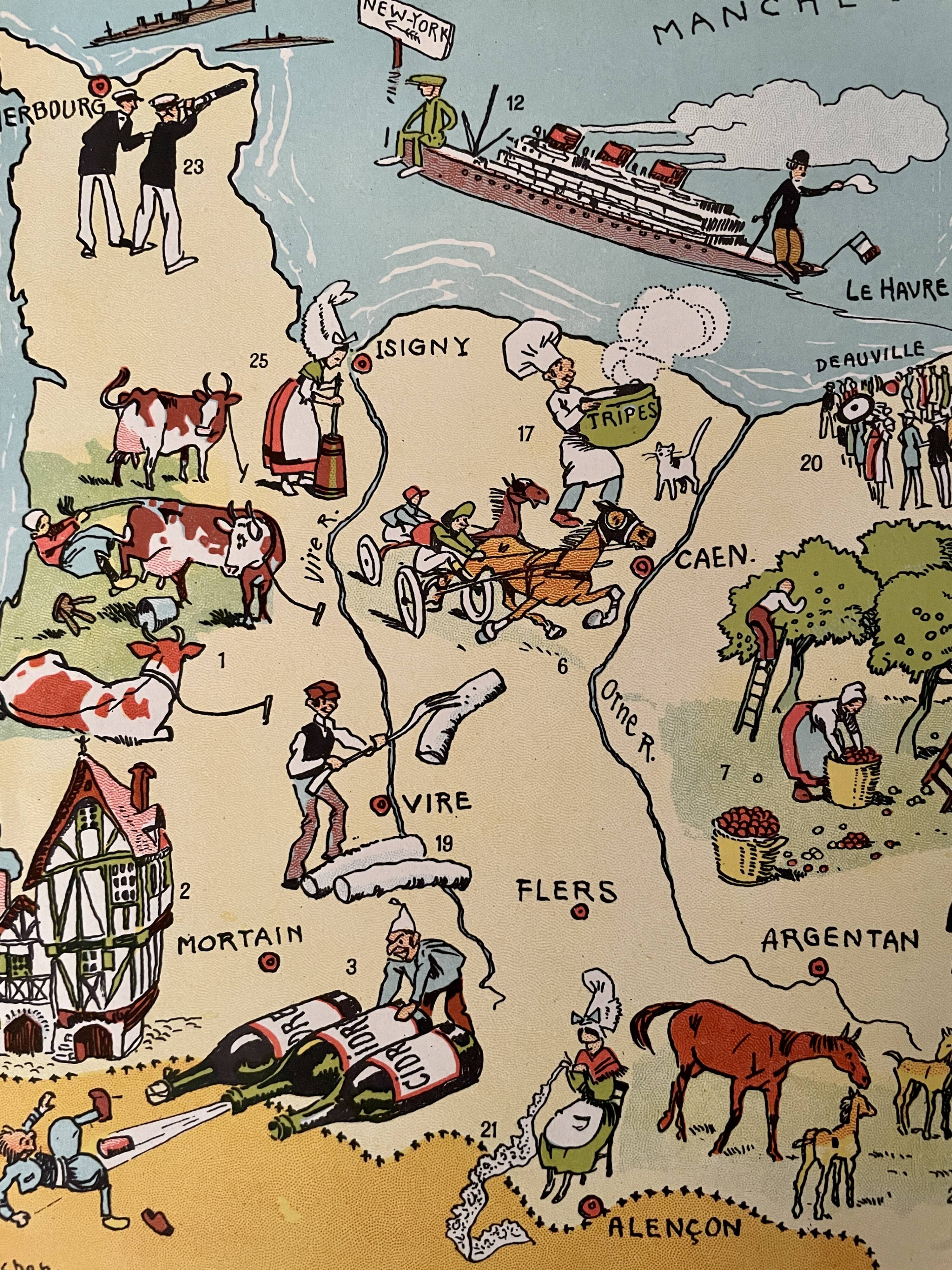 Old poster illustrated map of Normandy 1945 - JP Pinchon