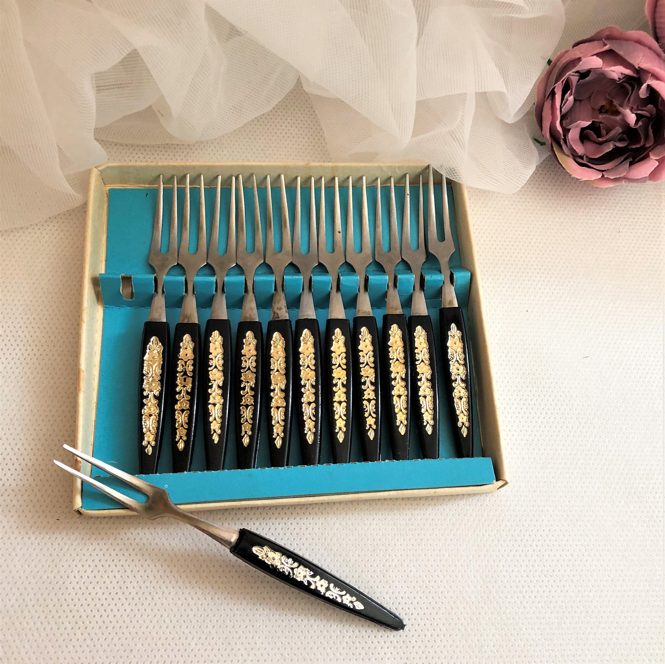 Box of 12 vintage fruit cocktail snail forks