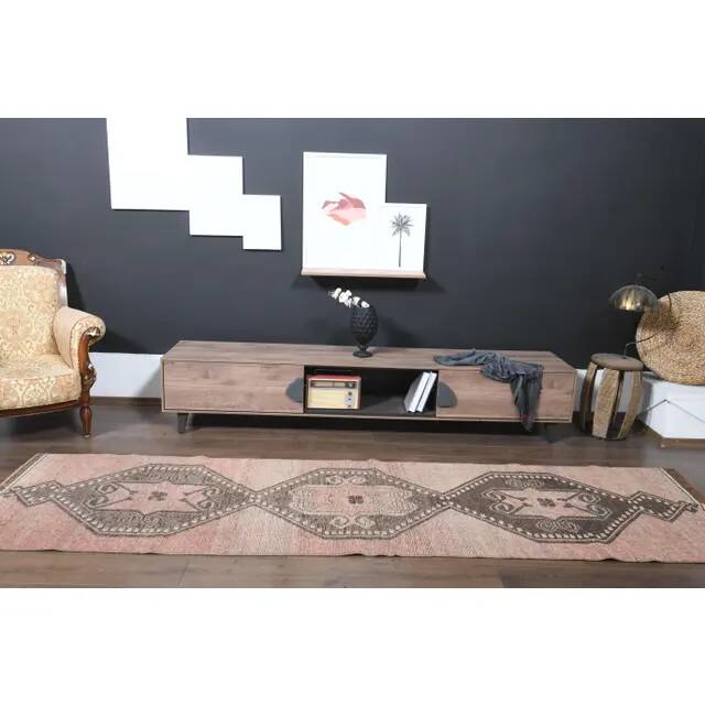 1970s Turkish Oushak Handmade Wool Cotton Pink Runner Rug 100x349