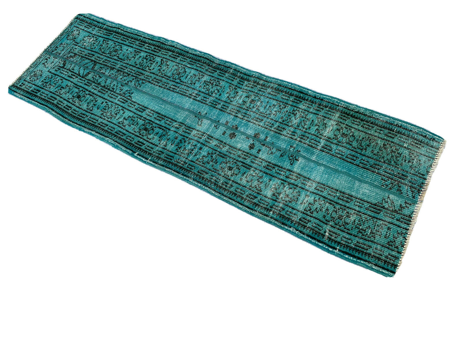 Distressed Turkish Narrow Runner 195 x 64 cm Wool Vintage rug, Overdyed Turquoise
