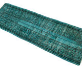 Distressed Turkish Narrow Runner 195 x 64 cm Wool Vintage rug, Overdyed Turquoise