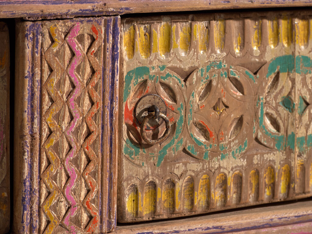 Antique carved low cabinet with drawers in pine – Xinjiang, circa 1900