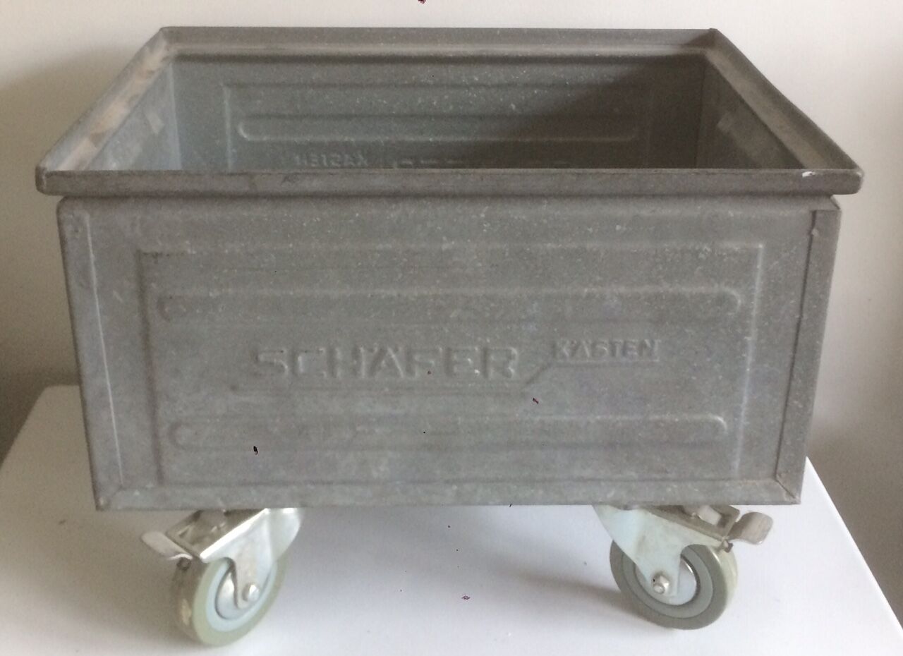 Metal storage box, Schafer Kasten, on wheels