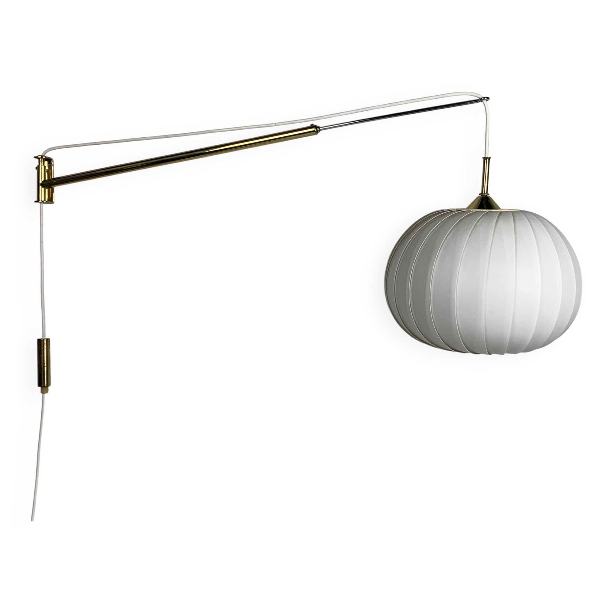 Midcentury extendable brass wall mount with cocoon and sisal shade Lars Schioler, 1960s