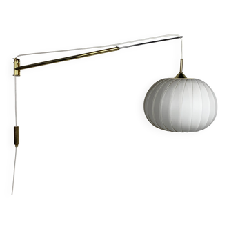 Midcentury extendable brass wall mount with cocoon and sisal shade Lars Schioler, 1960s