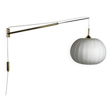 Midcentury extendable brass wall mount with cocoon and sisal shade Lars Schioler, 1960s