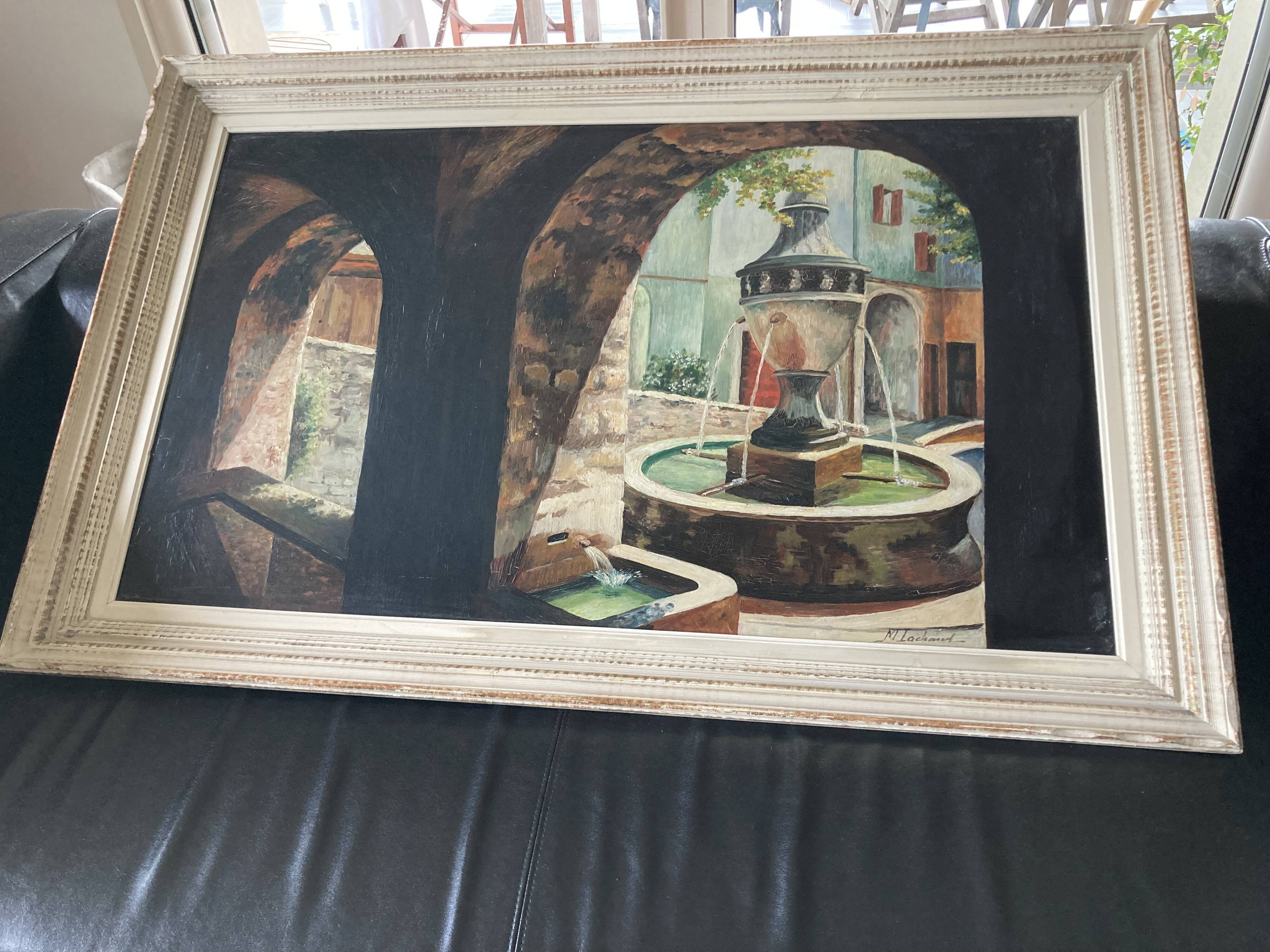 Framed oil fountain painting