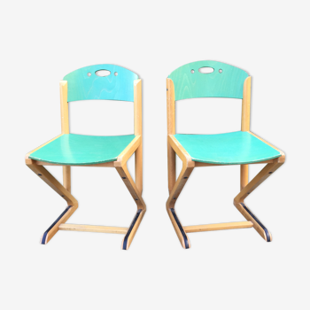 Chaises vintage en hêtre naturel et teinté vert des années 2000