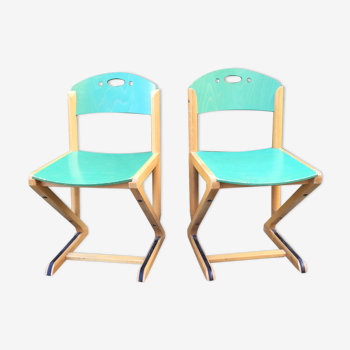 Vintage chairs in natural beech and green tinted