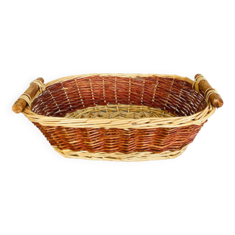 Two-tone wicker basket with wooden handles 1980s Vintage