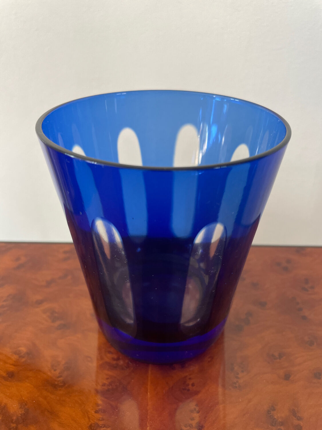 Antique crystal glass lined blue.