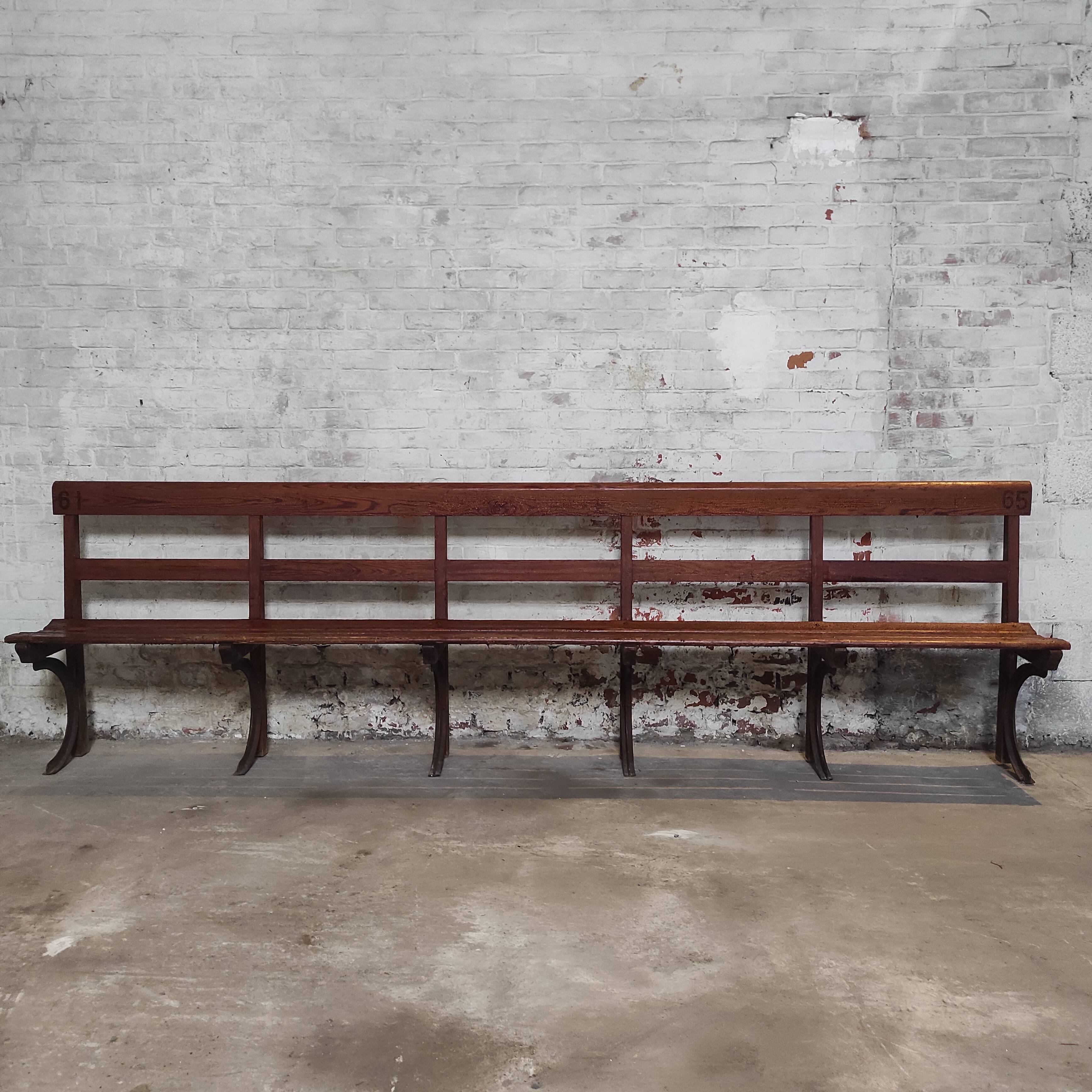 Long Wooden Church Pew | Antique Bench with Cast Iron Details | Seating