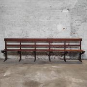 Long Wooden Church Pew | Antique Bench with Cast Iron Details | Seating