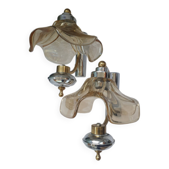 Pair of vintage large gold chrome wall lights with smoked glass