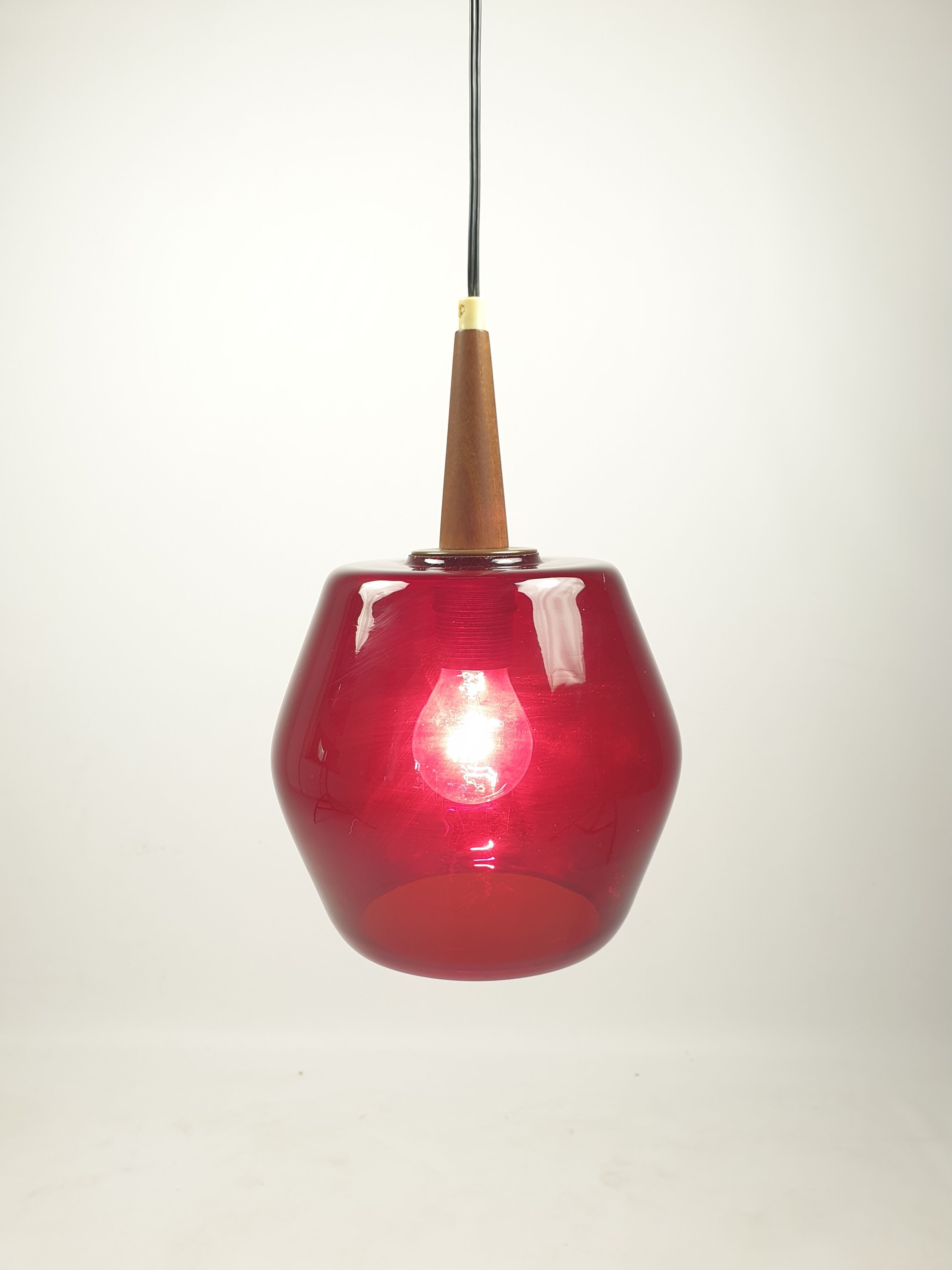 Mid century glass and teak pendant lamp, 1970s