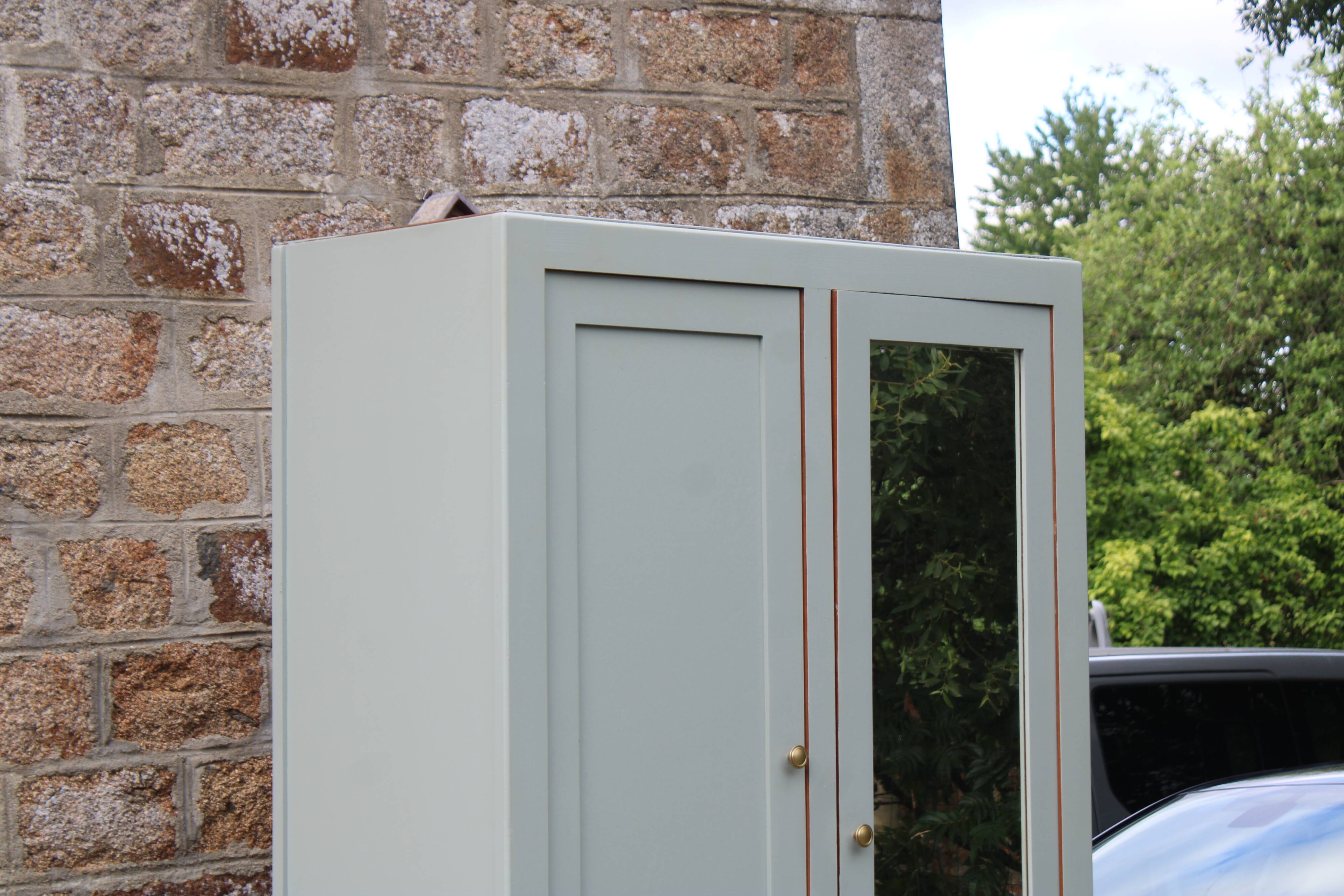 Vintage Parisian wardrobe in sage green – Mirror, hanging space and drawers