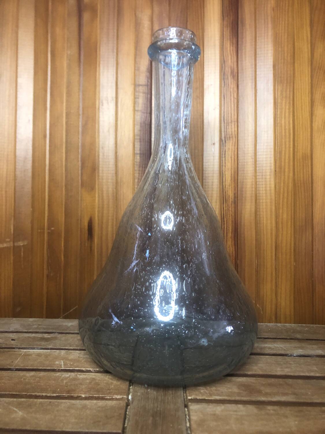 Ancienne bouteille style biot verre soufflé bullé bleuté vintage
