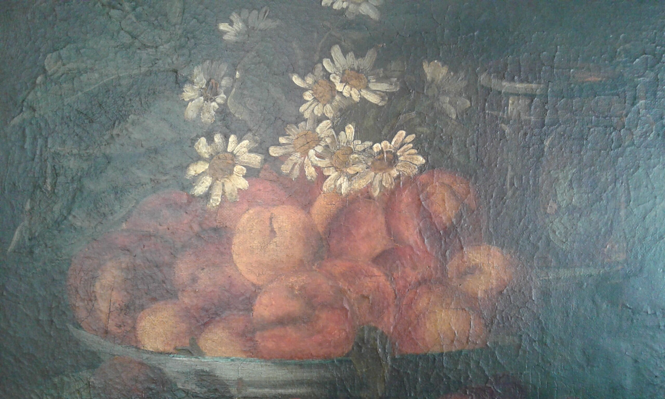 Table Oil on canvas. Old. Still life with apricots and peaches. 19 th