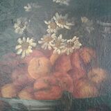Tableau huile sur toile ancien nature morte aux abricots et pêches  . 19 ème