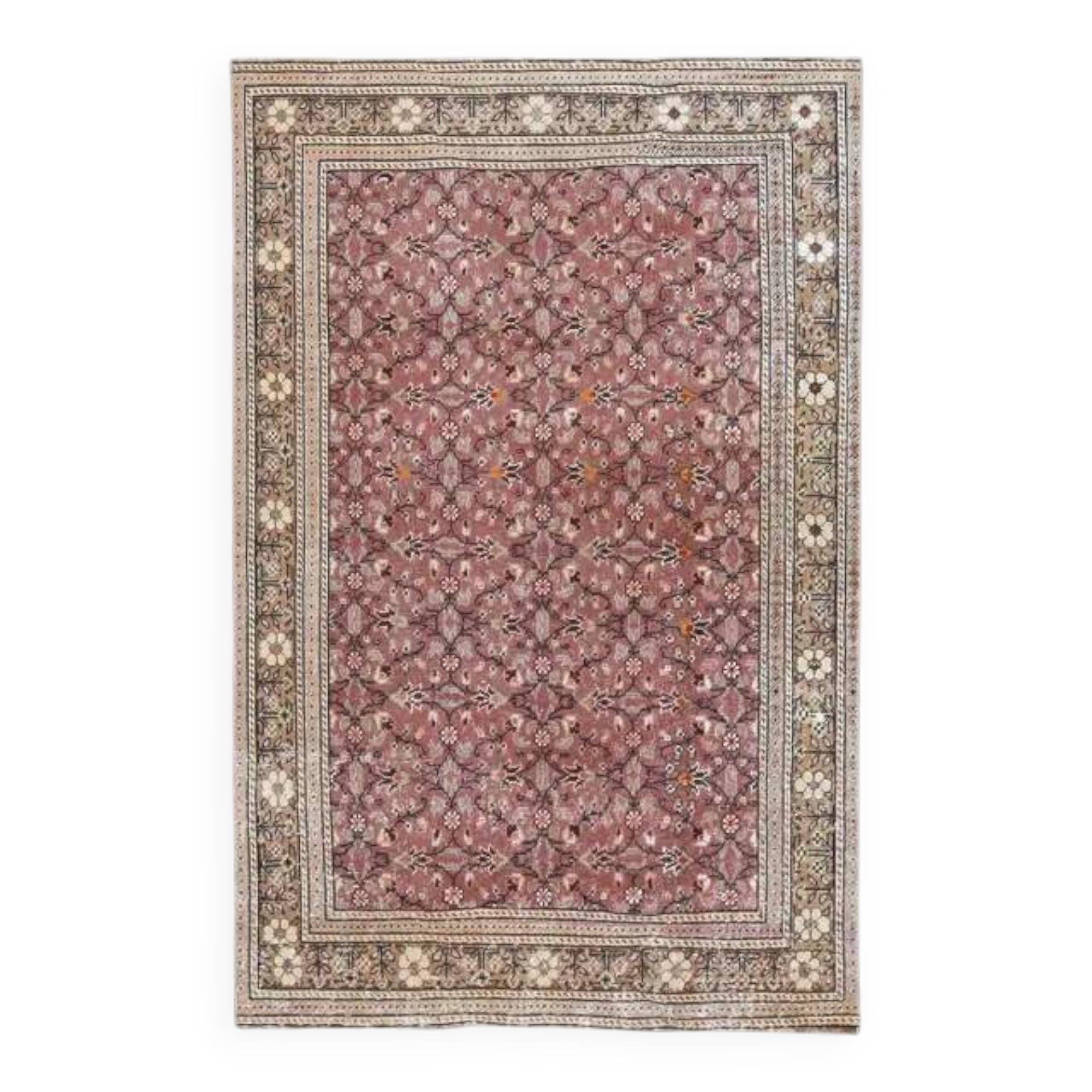 1970s Turkish Oushak Handmade Wool Cotton Pink Area Rug 112x175