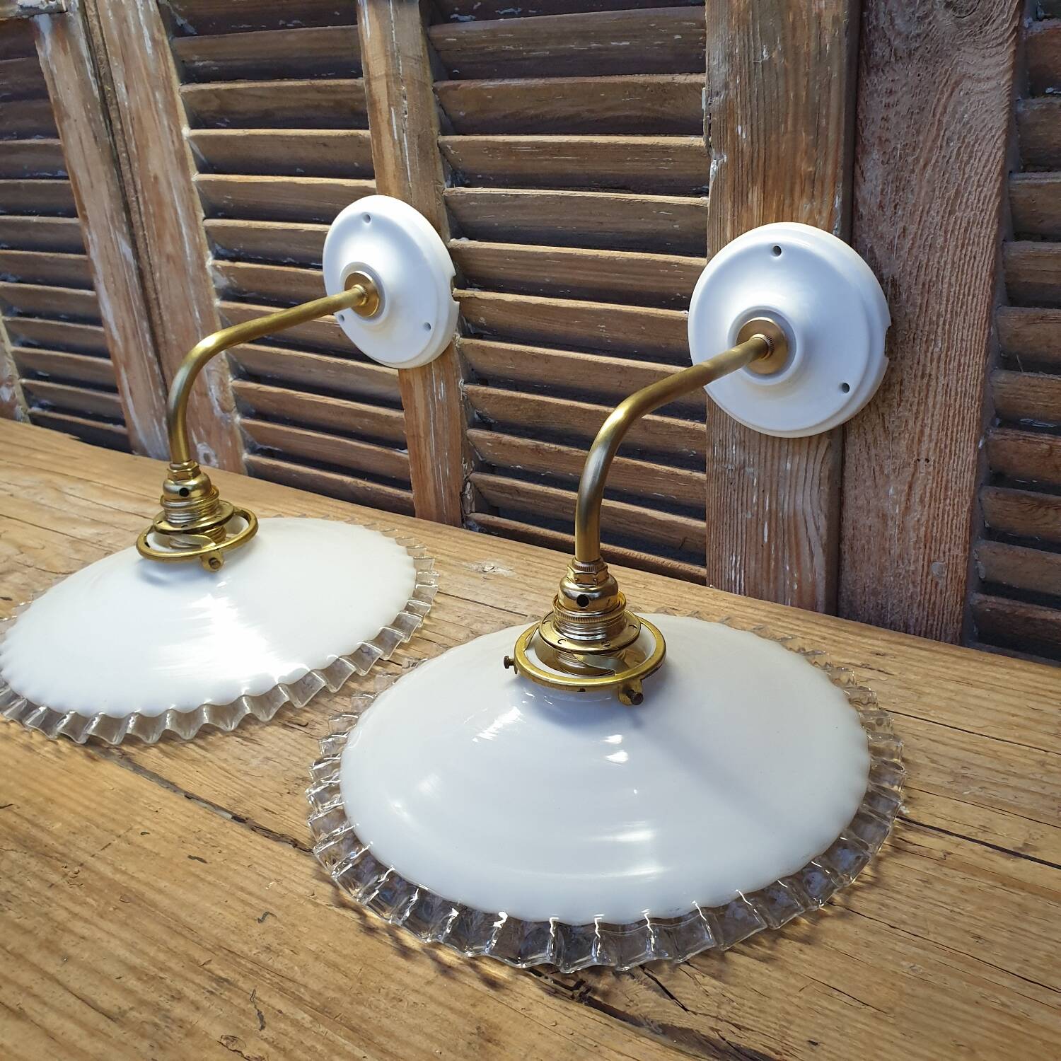 Pleated opaline swan neck wall lights