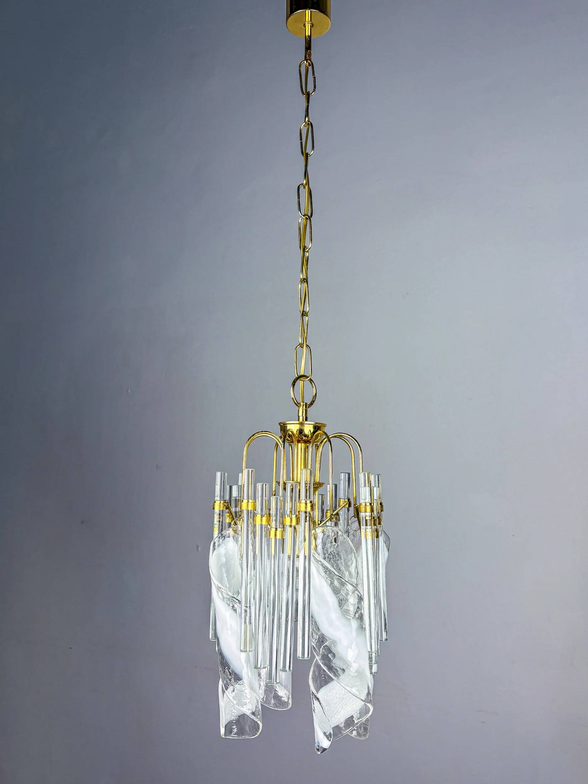 Murano glass cascade chandelier – twisted prisms & tubes, brass frame, Italy 1970s