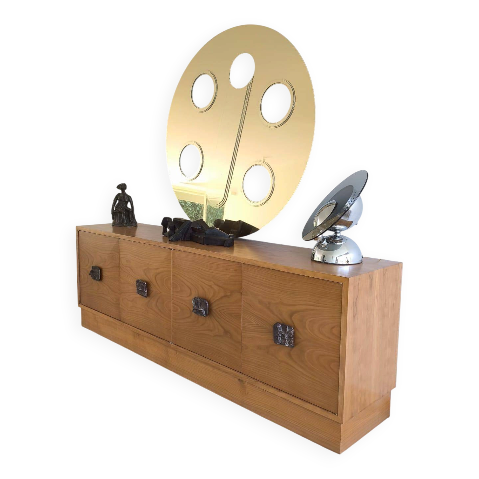 Italian Sideboard – Sculptural Wood with Bronze Handles, 1970s