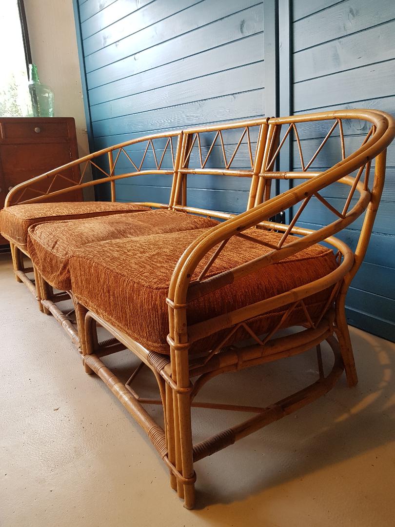 Canapé rotin vintage 3 places, 3 modules- possibilité banquette et chauffeuse