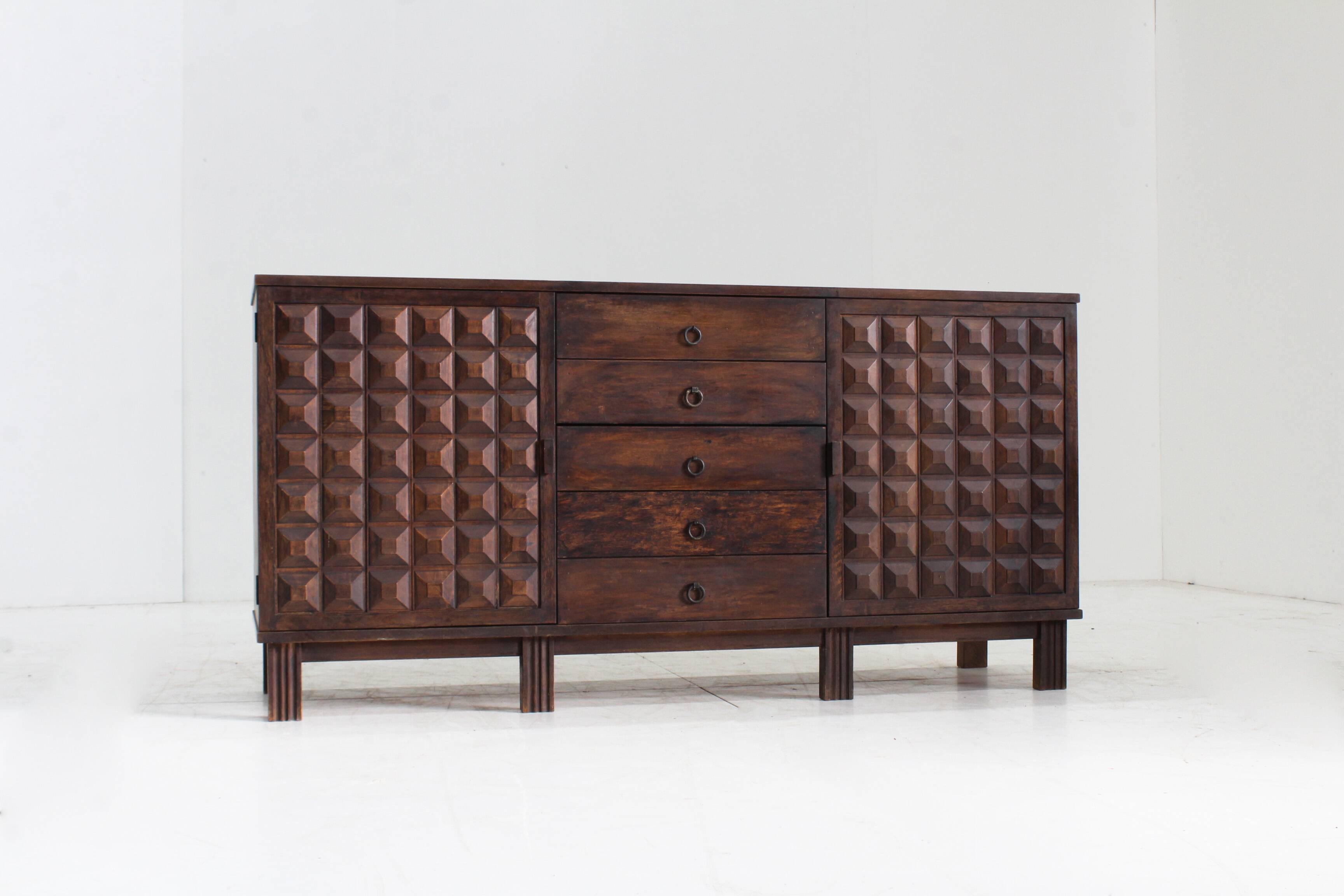 Brutalist Spanish carved sideboard credenza