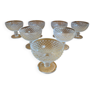 Set of 7 Glass Ice Cream Bowls Diamond Point France Vintage #E076